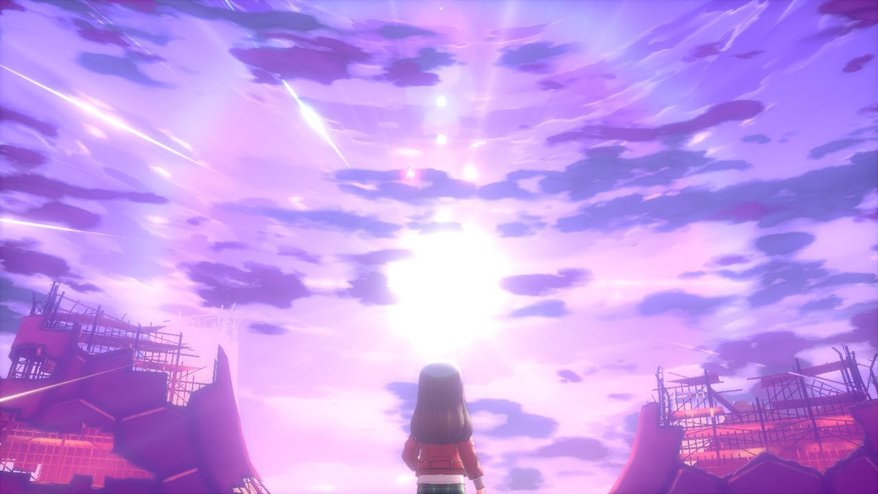 A female player character looking at a light in a purple sky.