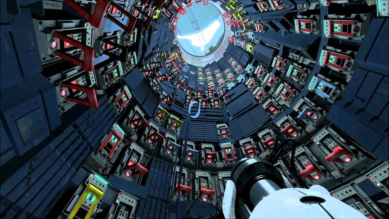 The player pointing their portal gun upwards through a cylindrical room full of switches.