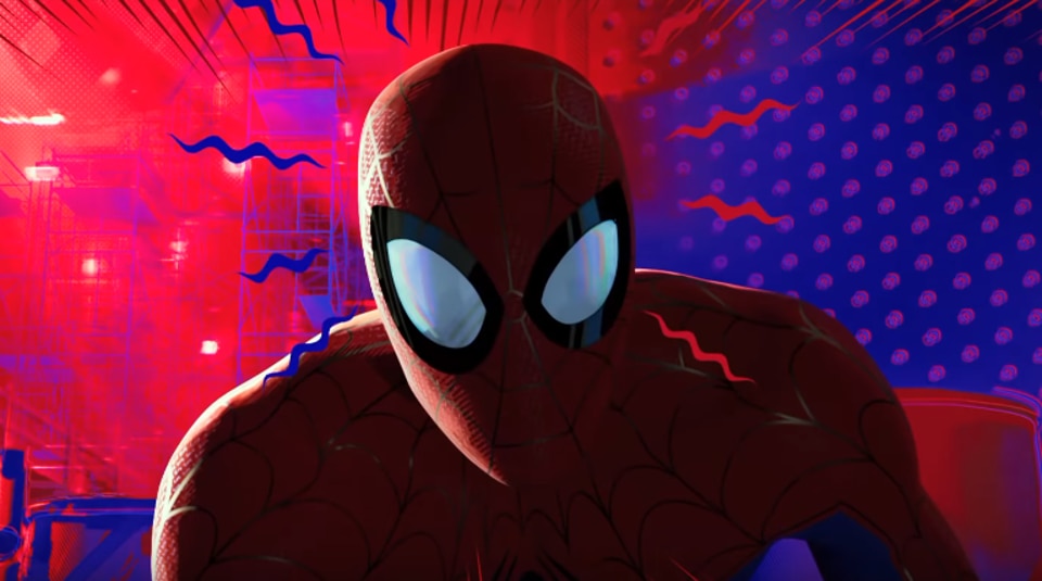 Spider-Man with wide eyes and a psychedelic Spidey Sense effect around him.