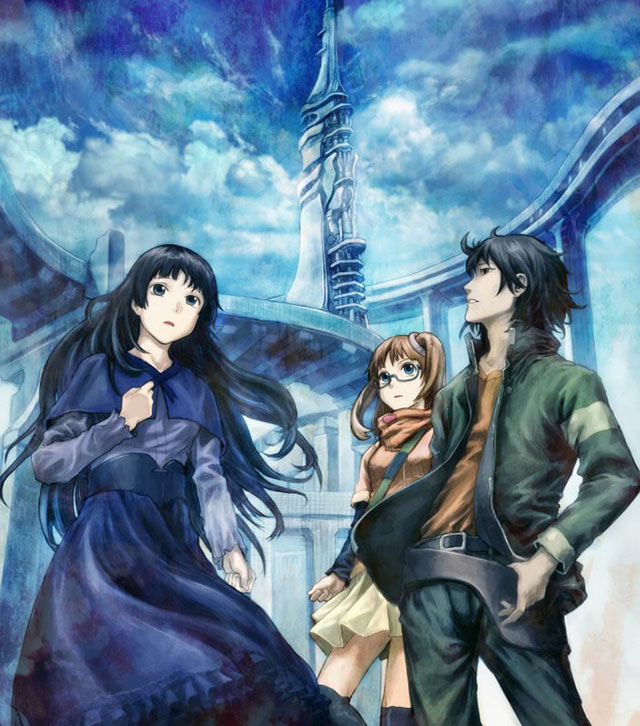 Anime-style art of a man in a jacket, a woman in a long dress, and another woman with glasses in a jacket and skirt standing in the middle of a plaza in front of a tower