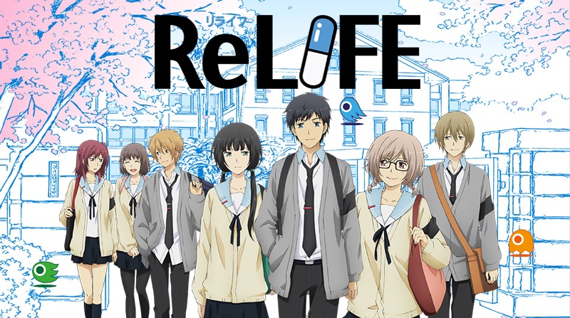 The ReLIFE logo surrounded by the cast of high school characters