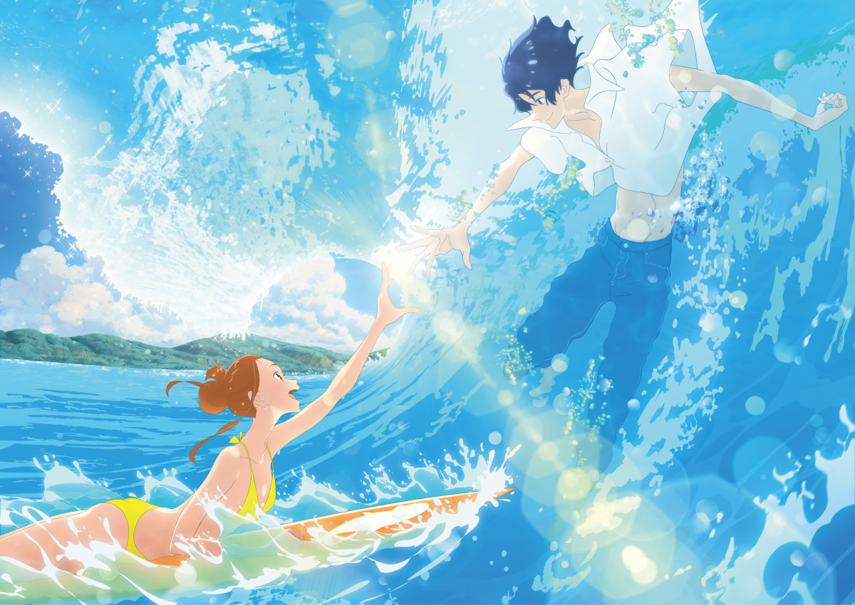 The male and female leads of Ride Your Wave touching hands while riding a wave.