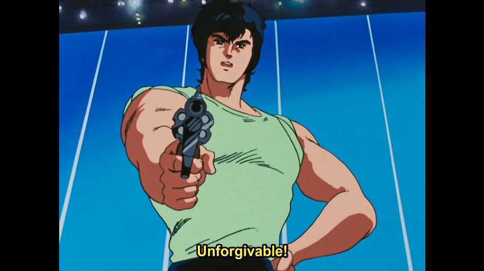 Ryo pointing a revolver at the screen and saying “Unforgivable.”