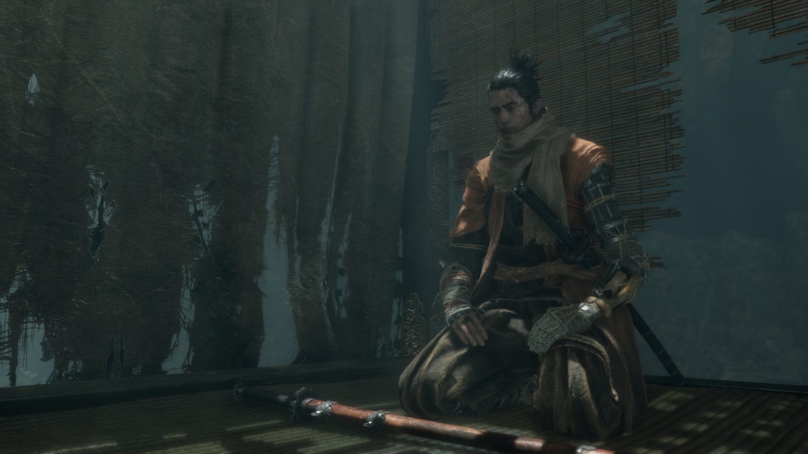Wolf, the protagonist of Sekiro, resting.