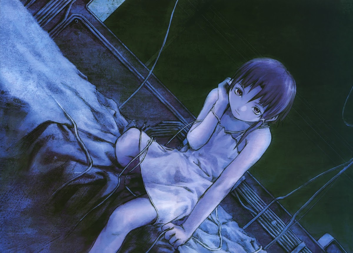 Lain from Serial Experiments Lain sitting on a bed in a white nightgown, draped in wires