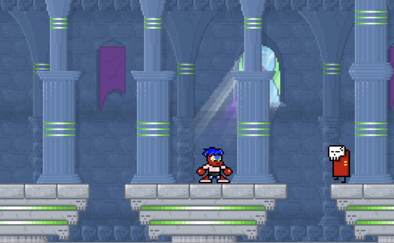 Screenshot from Stinkoman Level 10. The main character is standing in a castle and there’s a skull-faced enemy.