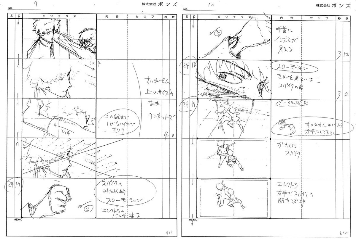 Storyboards for a fight in the Cowboy Bebop movie. Rough sketches show Spikee maneuvering around his opponent.