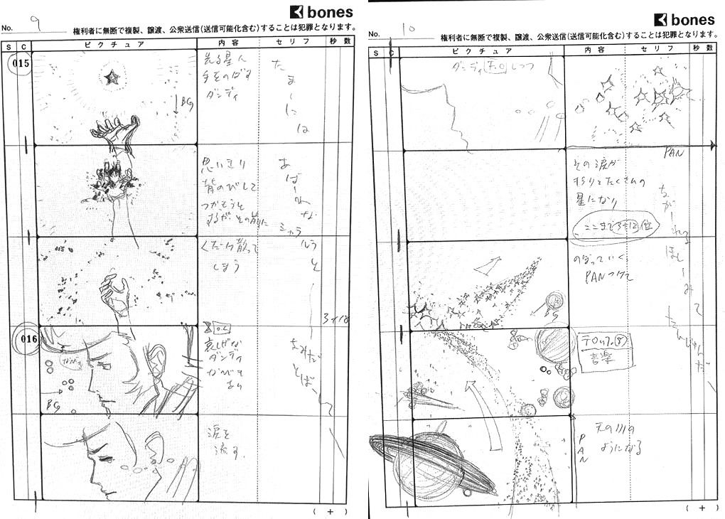 Storyboard for the Space Dandy opening sequence. The drawings are still rough but feature much more refined details and effects.