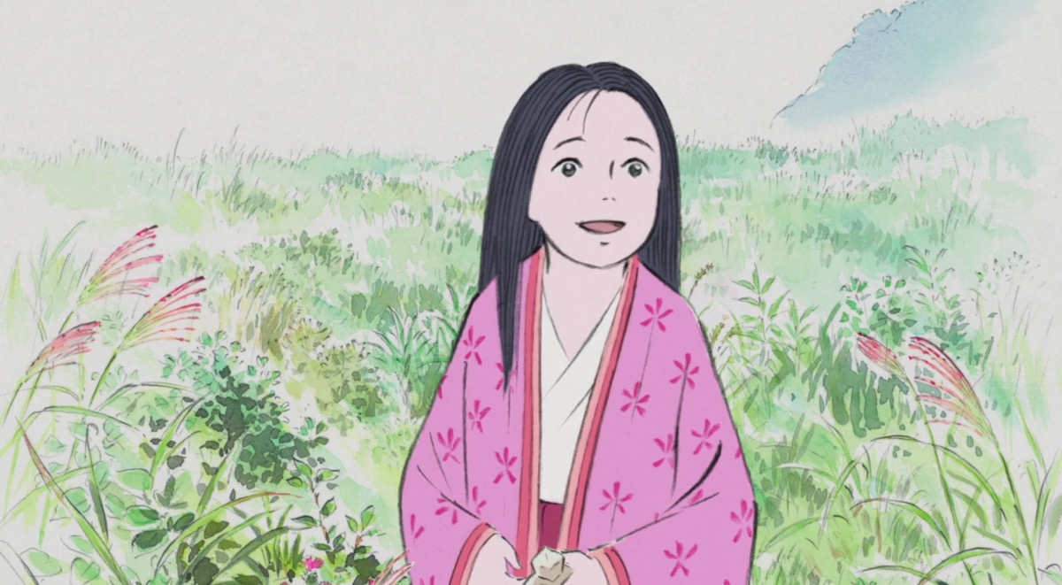Kaguya in a kimono standing in a field, smiling.