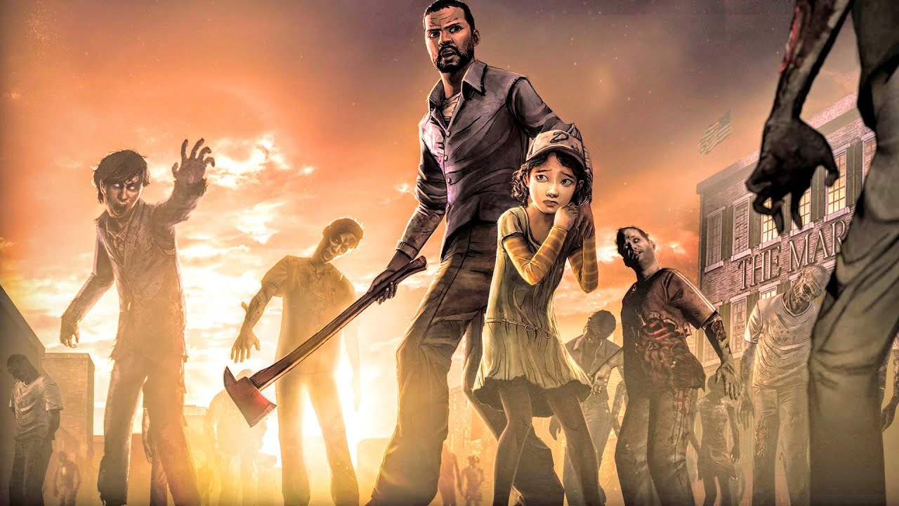 Lee protecting Clementine from zombies with an axe in The Walking Dead.