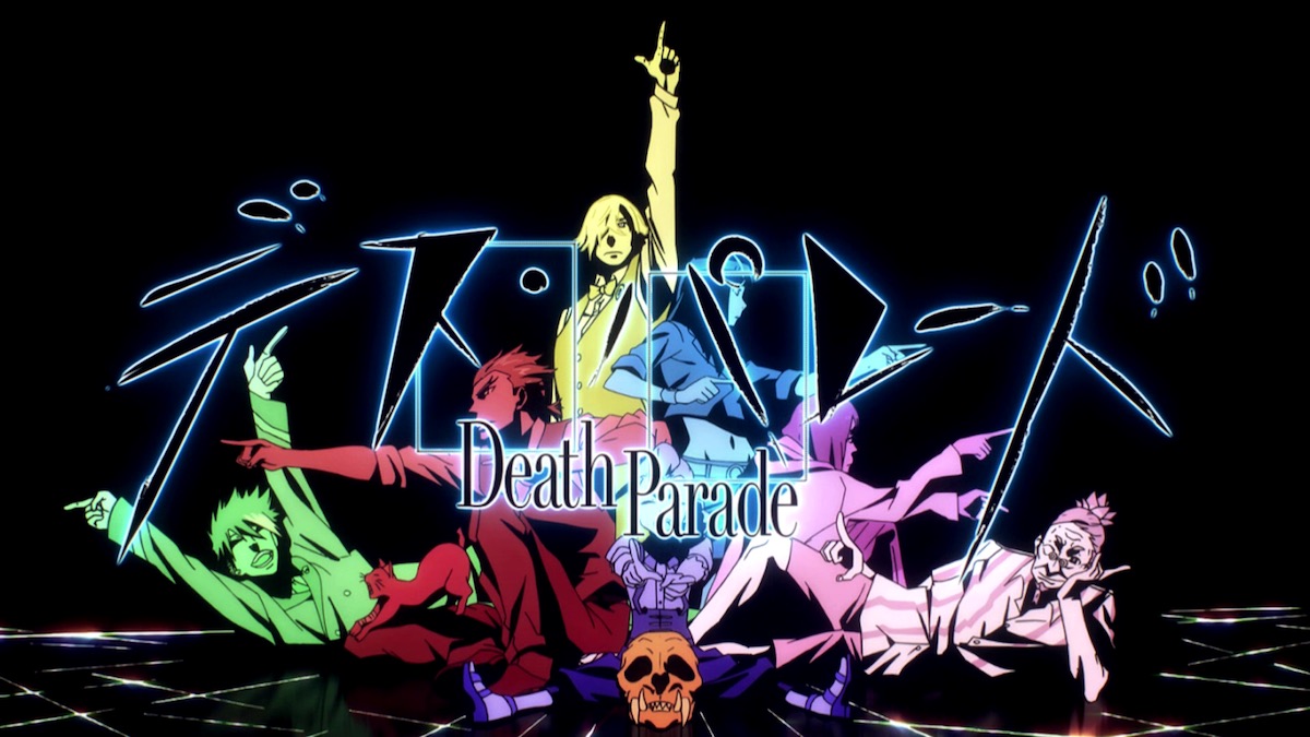 High contrast art of a the cast of Death Parade posing. Most of them are pointing out from the center of the group. The text “Death Parade” is superimposed.