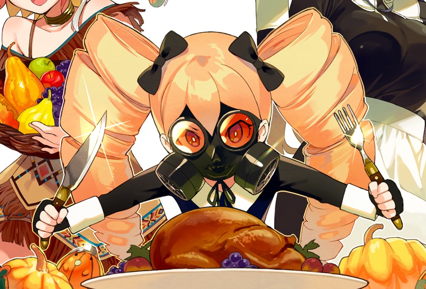 Spring-chan, with giant springy twintails and a gas mask, settling in for Thanksgiving dinner in promo art.