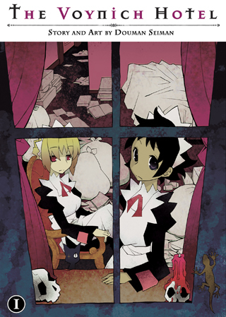 Cover of The Voynich Hotel. Two maids stand behind a window in a messy room.