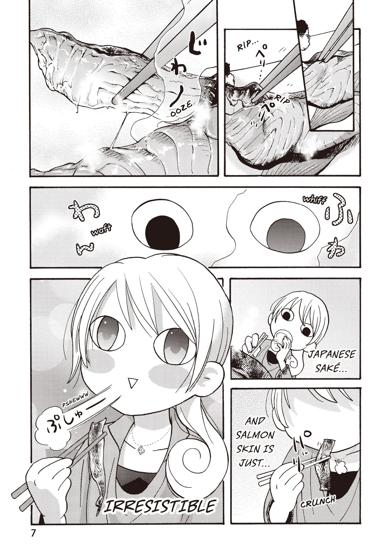 Manga page showing a woman with big, round eyes eating salmon and drinking sake. She describes them as “irresistible.” The salmon looks delicious.