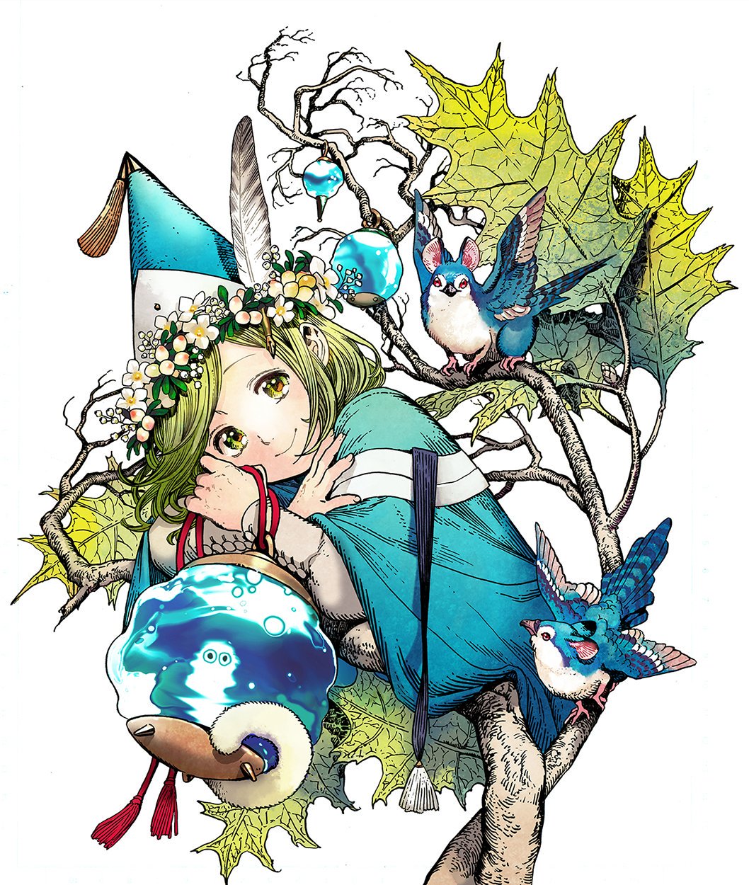 Coco from Witch Hat Atelier on a tree branch with half-bird half-rodent creatures around her.