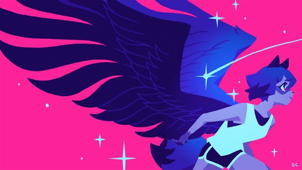 Michiru from BNA with bird wings and a neon pink background.