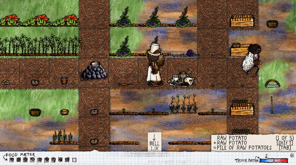The player is a child standing in the middle of a farm with dirt paths between the different crops.