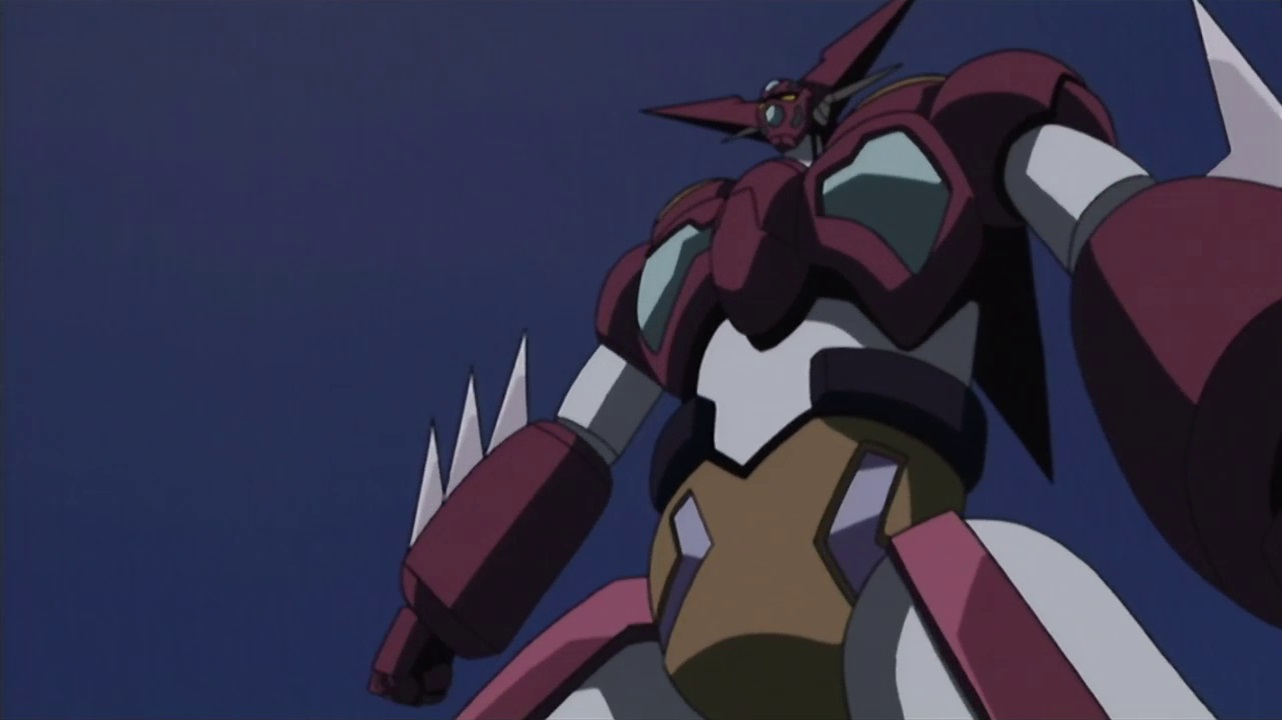 Getter Robo from New Getter Robo. It’s a giant red and white robot with spikes on it.